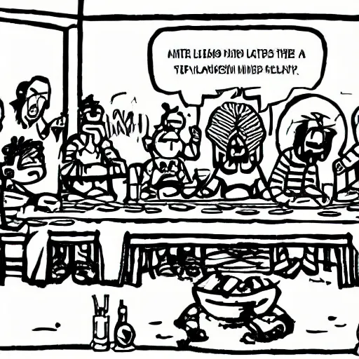 Prompt: the last supper in the style of calvin and hobbes