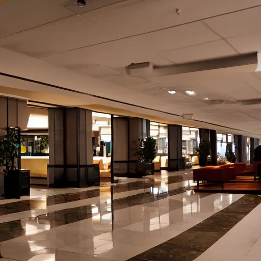 Image similar to wide angle view of an elegant metro hotel lobby, modern anime style, official anime still