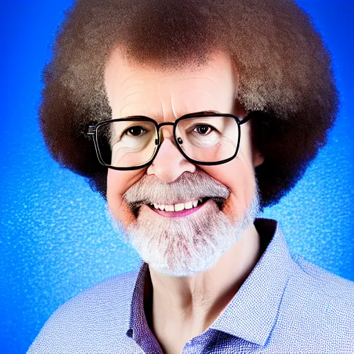 Prompt: beautiful portrait photograph of a bob ross wearing dark - blue square glasses, simple background, studio lighting