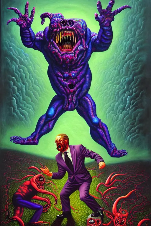 Prompt: a hyperrealistic painting of a grandiose boss fight against evil television, cinematic horror by jimmy alonzo, the art of skinner, chris cunningham, lisa frank, richard corben, highly detailed, vivid color,