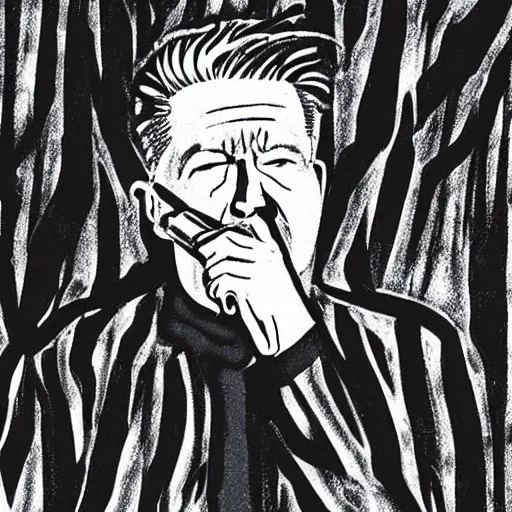 Prompt: woodcutting of david lynch smoking a cigarette, black and white