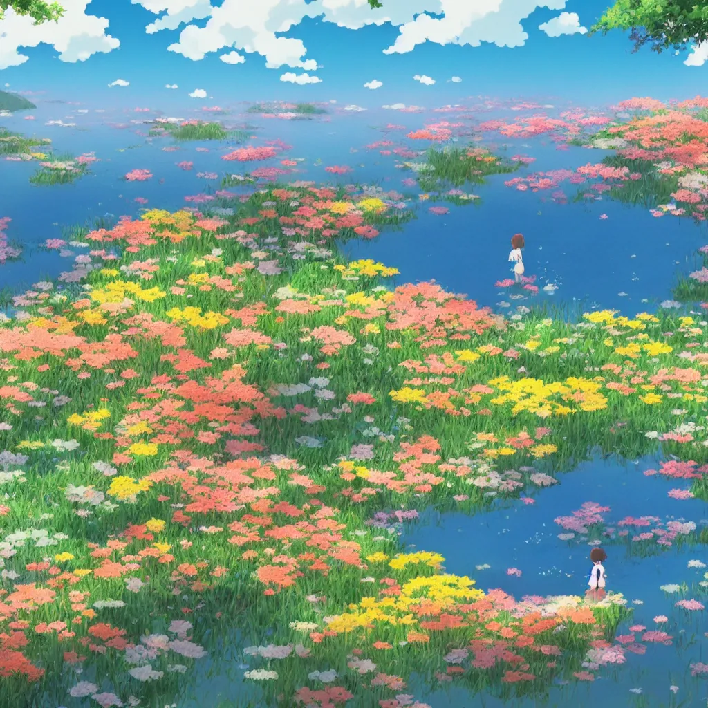 Prompt: a beautiful lake with blooming flowers, sunshine, warm colors, relaxing, calm, cozy, peaceful, by mamoru hosoda, hayao miyazaki, makoto shinkai