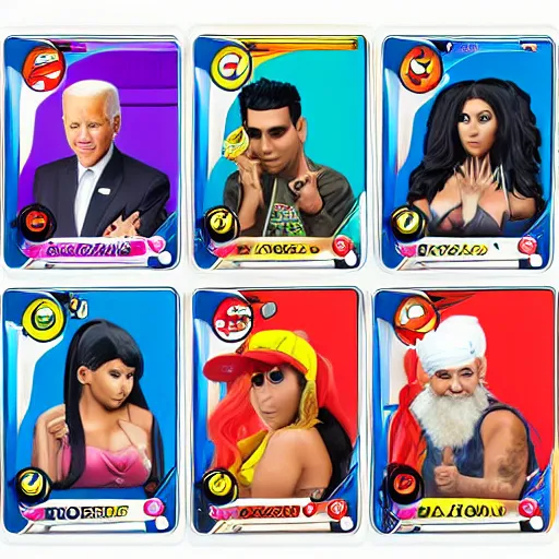 Image similar to pokemon cards with snooki, joe biden, nicki minaj, kim kardashian, osama bin laden, pokemon anime style, hd 8k image high detail, at target