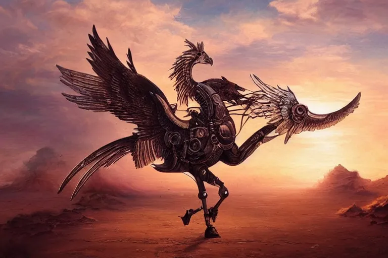 Image similar to a mechanical pegasus flapping its wings in desert sunset, beautiful steampunk painting, greg rutkowski, james gurney, thrending on artstation.
