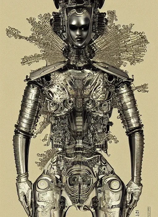 Prompt: 2 d illustration, grained risograph, old wetplate portrait of a futuristic silver armored geisha district 9 cyborg, parallax, fractal, intricate, elegant, highly detailed, subsurface scattering, by jheronimus bosch and moebius louis jacques mande daguerre and szukalski