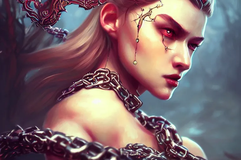 Image similar to Girl Warriorr fantasy, intricate, elegant, highly detailed, digital painting, artstation, concept art, addiction, chains, smooth, sharp focus, illustration, art by Ilja Repin, octane render, RPG_portrait