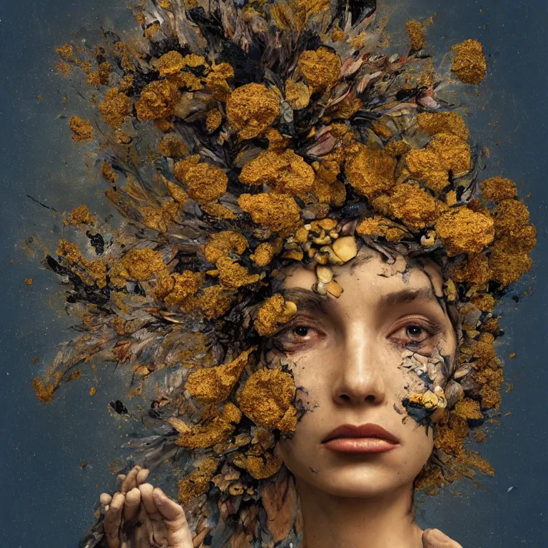 Image similar to A beautiful oil painting hyperrealism of a decayed black head, rotting black clay skin, gold flaked flowers, floral headdress, 8k resolution, octane render, Trending on artstation, by Gediminas Pranckevicius, volumetric light 2blue fractal Thunder glow by dan mumford, anaglyph effect, Laurie Lipton