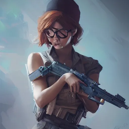 Prompt: beautiful woman with a gun, artstation, wlop, highly detailed