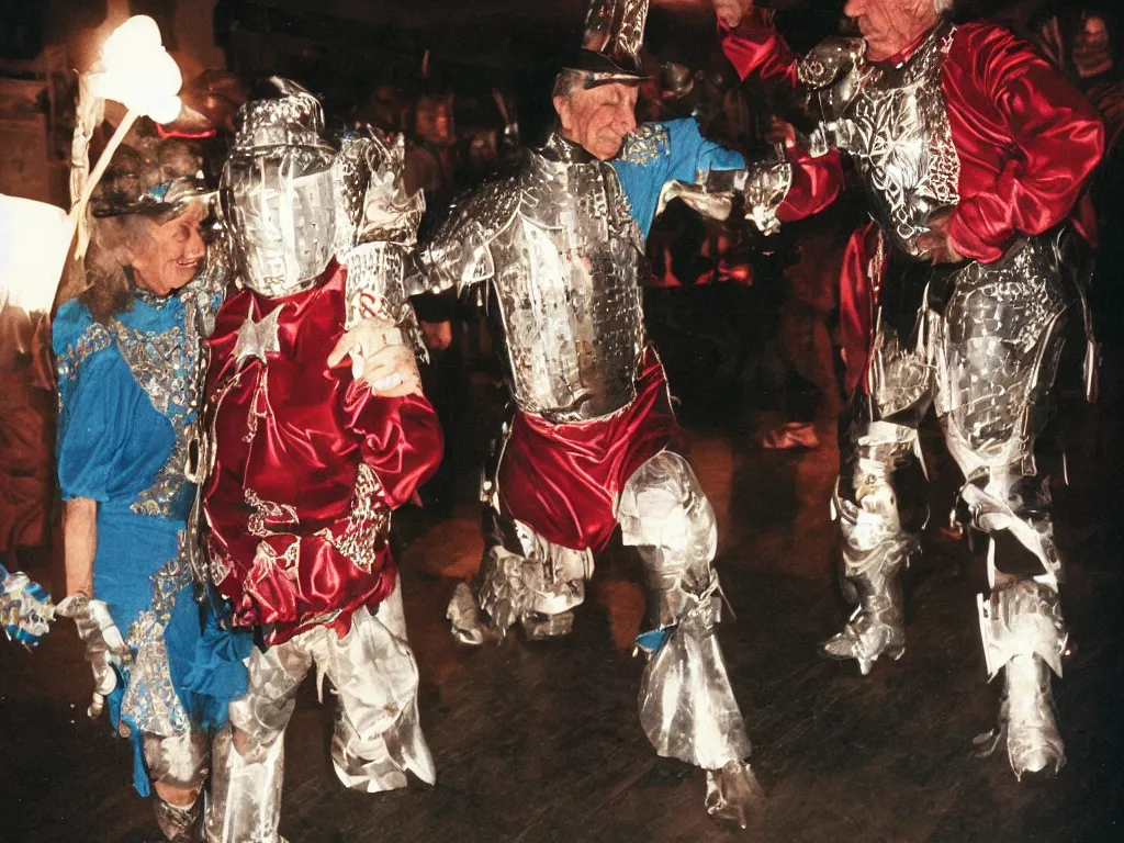 Image similar to a couple of grandparents of 1 0 0 years old wearing knight iron costume and dancing, kodachrome, backlight, add a glow around subj. edge, in twin peaks, 1 9 9 0 s