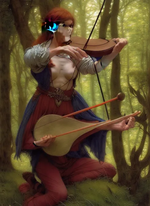 Image similar to forest elf bard playing lute, full body, hyper realistic, extremely detailed, dnd character art portrait, dark fantasy art, intricate fantasy painting, dramatic lighting, vivid colors, deviantart, artstation, by edgar maxence and caravaggio and michael whelan and delacroix.