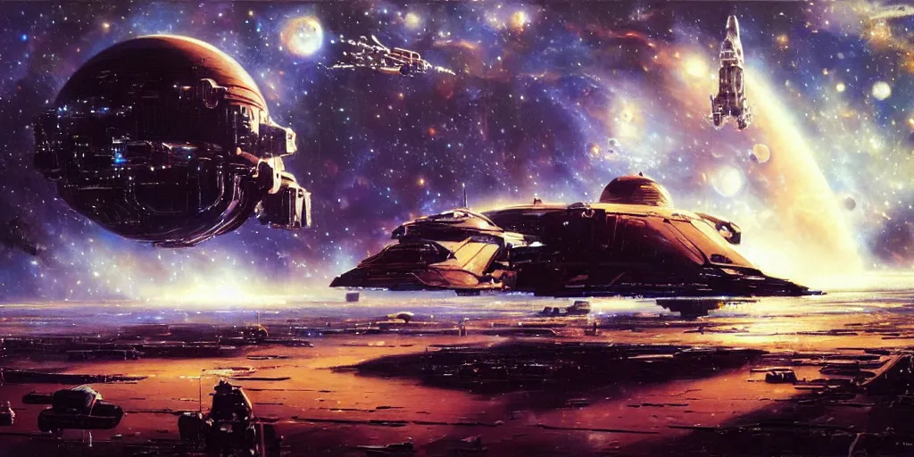 Prompt: a beautiful space scene with a spaceship, ralph mcquarrie, john berkey, alan bean trending on artstation, highly detailed oil painting, hyperrealistic, cinematic, dramatic lighting