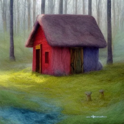 Image similar to small wooden house in the middle of spring forest, bright colours, watercolor, volumetric wool felting, macro photography, children illustration, by christophe vacher