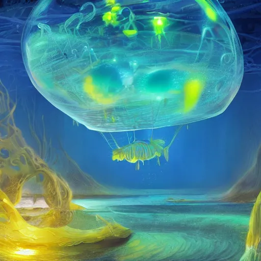 Image similar to a beautiful world of glowing creatures inside sea , a sank ship having blue ,yellow , green light glowing, realistic, hyper real , hyperdetailed , water bubble, school of fish, artstation, golden ratio, digital painting,jelly fish, illustration, rule of thirds, hd , 8k,