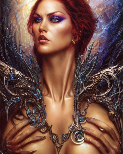 Image similar to a highly detailed airbrush painting of an evil female fantasy sorceress with piercing beautiful eyes art by karol bak and donato giancola and mark brooks, centered, full size, hires, 4 k, high resolution, sharp focus