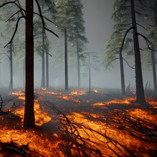 Prompt: a burned lifeless forest, with burned trees, concept art, cinematic, Christian Alzmann on ArtStation, CGSociety, Unreal Engine