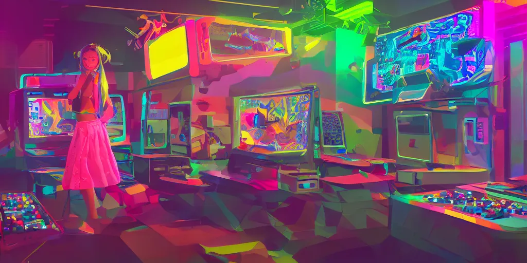 Prompt: an environmental concept art of a stylish teen girl playing a game in a colorfully lit, cluttered arcade, highly detailed, environmental light, cinematic by francis tneh