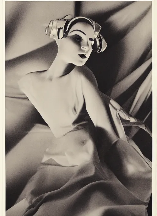 Prompt: close - up portrait of young woman in scifi dress, art by horst p. horst