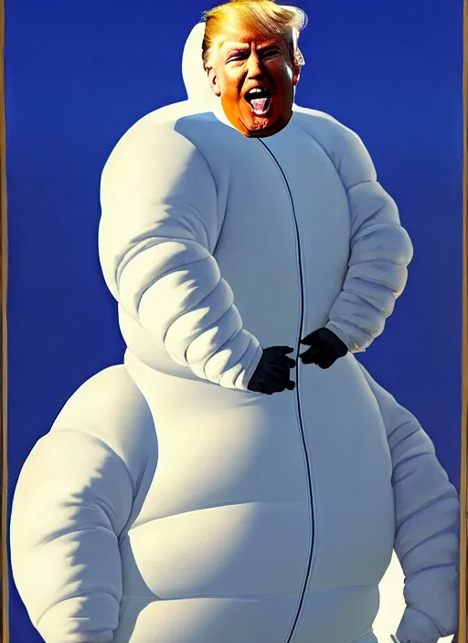 Image similar to donald trump dressed as the michelin man, highly detailed, sharp focus, matte painting, by isaac levitan and asher brown durand,