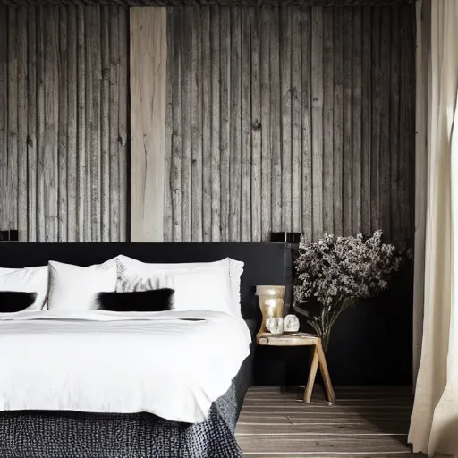 Image similar to bedroom, stone, interior design, stylish luxury hotel bedroom design, yakisugi, black vertical slatted timber, textures, feminine, black walls, art, vase with flowers, Japanese and Scandinavian influences