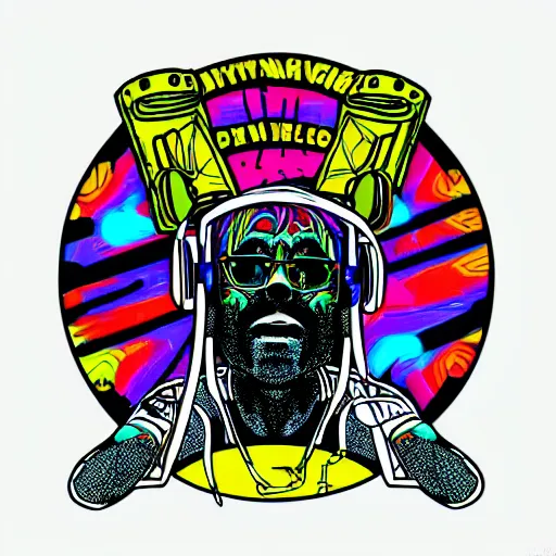 Image similar to svg sticker of a Dancing-Alex-Grey-Psychedelic-Rave-Man, at a rave, spinning records, giant headphones rocking out, wearing headphones, huge speakers, dancing, rave, DJ, spinning records, digital art, amazing composition, rule-of-thirds, award-winning, trending on artstation, featured on deviantart