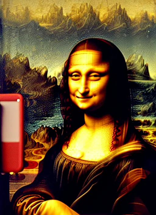 Image similar to framed oil painting of Mona Lisa by Leonardo Da Vinci but Mona Lisa is using an iPhone to take a selfie
