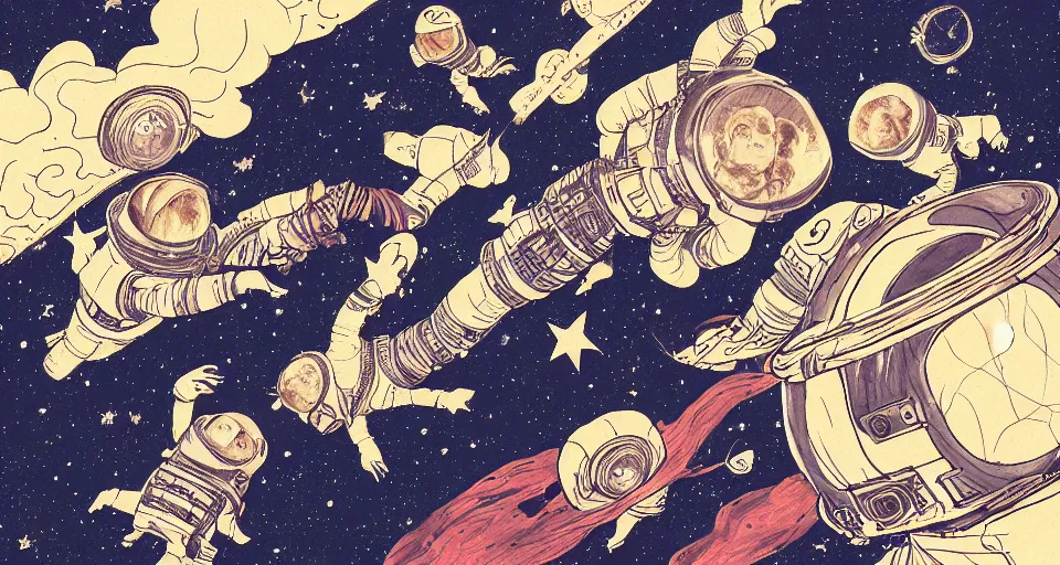 Image similar to guineapigs flying in space suits, deep dark universe, twinkling and spiral nubela, warmhole, beautiful stars, 4 k, 8 k, by hokusai, samurai man vagabond, the samurai holds chains, detailed, editorial illustration, matte print, concept art, ink style, sketch, digital 2 d