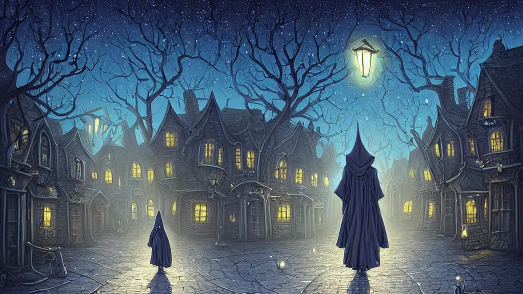 Image similar to lady dressed in long hooded cloak walks in empty lovecraftian town square surrounded by houses and inns.. cthulhu statue.. lovecraftian city at night by cyril rolando and naomi okubo and dan mumford and ricardo bofill.. lovecraft.. cobbled streets.. oil lamp posts.. lovecraftian.. starry night swirly sky.
