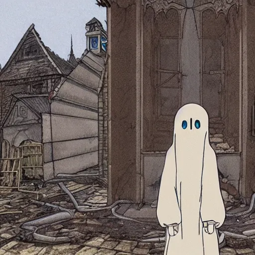 Image similar to ghost of a young girl, a burnt out church, photorealism, cel shaded, studio ghibli, hayao miyazaki