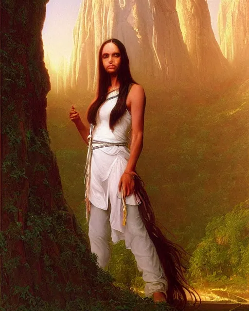 Prompt: beautiful female American Indian, long flowing hair, standing in a fantasy environment, realistic oil painting by Thomas Cole and Wayne Barlowe
