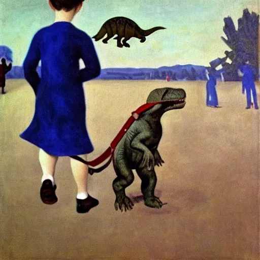 Image similar to a kid at the park walking a dinosaur with a leash, renaissance oil painting by Yves Klein and Judson Huss and Natalia Goncharova, artstation