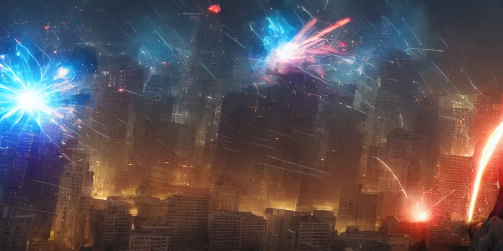 Image similar to gigantic morgan freeman destroying a city throwing lasers from his eyes, night, realism, 4 k, octane render, award winning photograph, realistic, cinematic shot