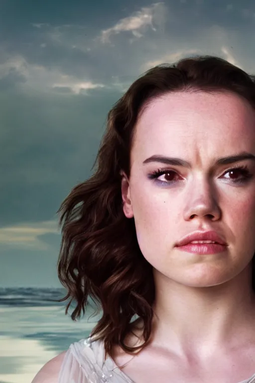 Prompt: Portrait photo of Daisy Ridley as a mermaid, cinematic lighting, starlit shining eyes