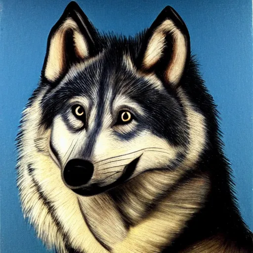 Prompt: retarded wolf portrait, frida