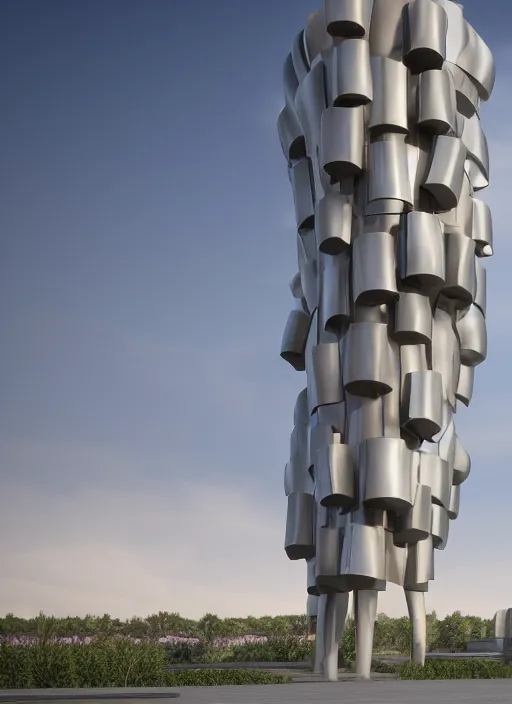 Image similar to highly detailed realistic architecture 3 d render of a futurisctic stele monument in frank gehry style made from atoms standing near a highway, archdaily, made in unreal engine 4 octane render