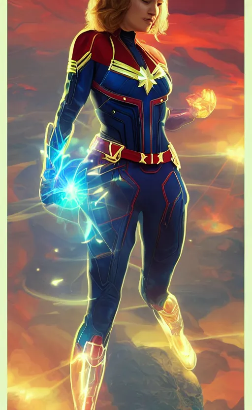 Prompt: captain marvel, highly detailed, digital painting, artstation, standing, facing camera, concept art, smooth, sharp focus, illustration, art by artgerm and alphonse mucha, high definition digital art, dramatic lighting, in the style of ilya kuvshinov and Ross tran