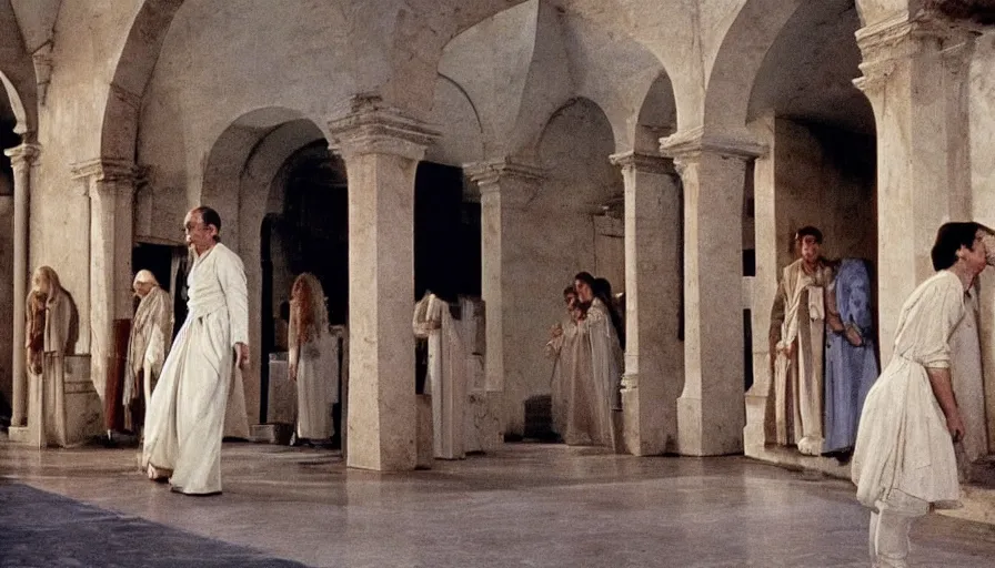 Image similar to a scene from the movie la felicita ( 1 9 7 1 ) by luchino visconti with mastroianni entering a science - fiction city reminiscent of the ideal city by piero della francesca. technicolor, cinematic, 5 0 mm, highly detailed