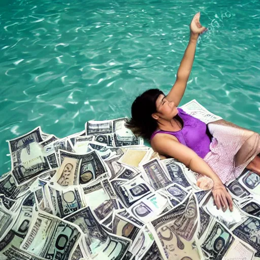 Image similar to a woman floating on money.