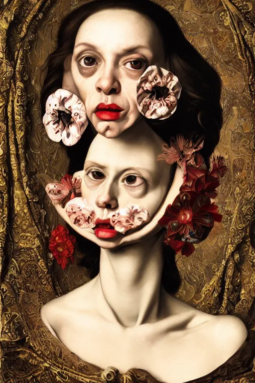 Image similar to Detailed maximalist portrait with large lips and with large eyes, sad exasperated expression, extra hands, HD mixed media, 3D collage, highly detailed and intricate illustration in the style of Caravaggio, dark art, baroque