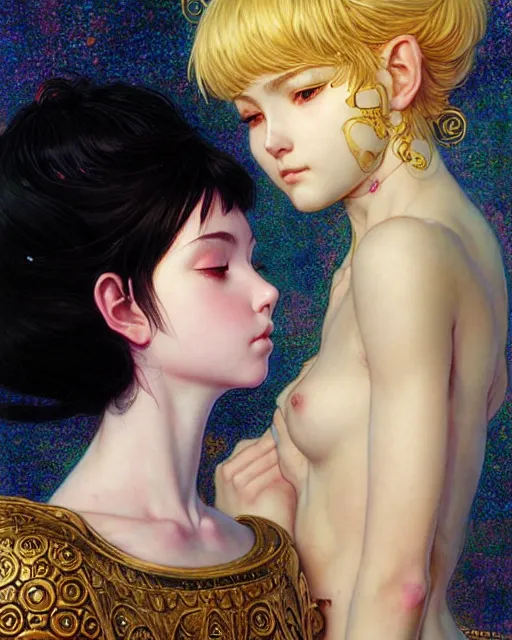 Prompt: portrait of two beautiful cute young maiden girls with short white hairs in warhammer armor kissing, art by ( ( ( kuvshinov ilya ) ) ) and wayne barlowe and gustav klimt and artgerm and wlop