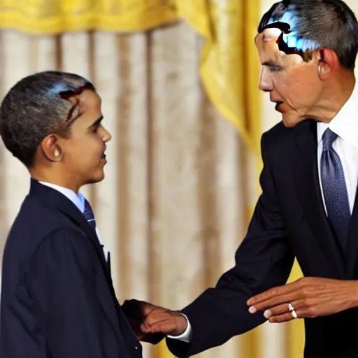 Prompt: Obama giving a smaller obama a medal