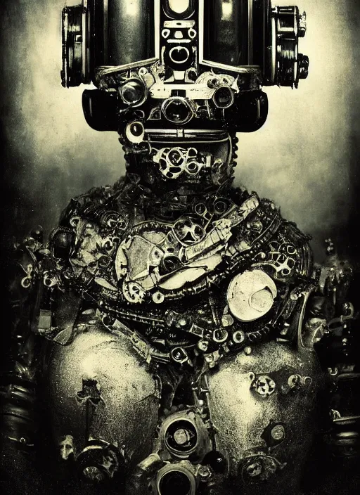 Prompt: old wetplate daguerreotype portrait of futuristic robot, dubbel negative exposure, explosion of data fragments, shallow dept of field, fractal, intricate, elegant, highly detailed, parallax, leica, medium format, subsurface scattering, by jheronimus bosch and greg rutkowski and louis jacques mande daguerre