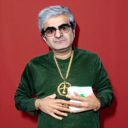 Image similar to jafar panahi, clean shaven, wearing a green tracksuit and gold necklace with large star shaped gold medallion