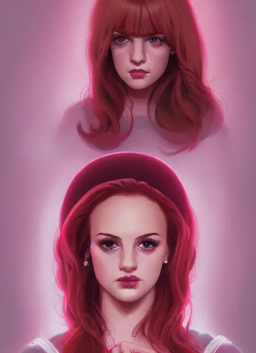 Image similar to full body portrait of teenage cheryl blossom, bangs, green eyes, sultry expression, red hair, sultry smirk, bangs and wavy hair, pink skirt, fat, intricate, elegant, glowing lights, highly detailed, digital painting, artstation, concept art, smooth, sharp focus, illustration, art by wlop, mars ravelo and greg rutkowski