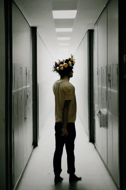 Prompt: kodak portra 4 0 0 photograph of a guy wearing a flower crown in a empty school hallway lined with lockers, back view, lens flare, moody lighting, moody vibe, telephoto, 9 0 s vibe, blurry background, grain, tranquil, calm, faded!,