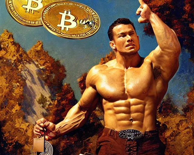 Image similar to attractive muscular man magically holding a golden bitcoin, commercial by annie liebovitz, gaston bussiere, craig mullins, j. c. leyendecker