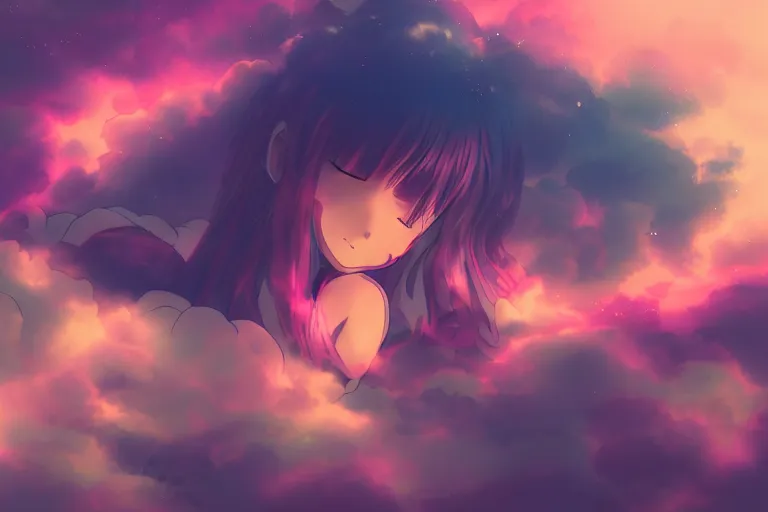 Image similar to a cute anime girl sleeping on a cloud, misty, glows, digital art, hazy, foggy, ambient lighting, 8 k, neon, synthwave,