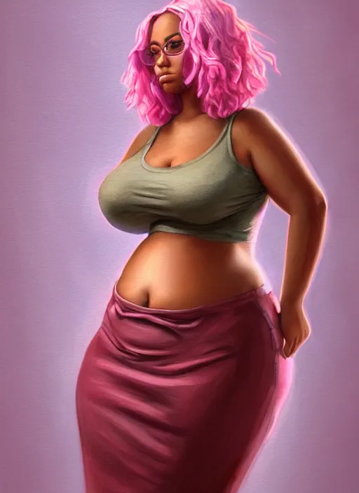 Image similar to full body portrait, teenage vanessa morgan, pink hair, brown skin, obese, curly pixie hair, sultry, realistic, short hair, hoop earrings, skirt, shirt, fat, belly, intricate, elegant, highly detailed, digital painting, artstation, concept art, smooth, sharp focus, illustration, art by wlop, mars ravelo and greg rutkowski