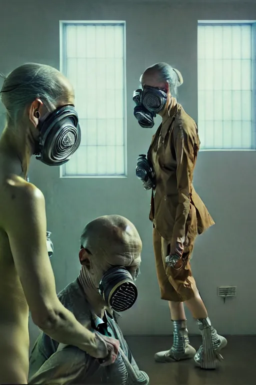 Prompt: two skinny old people wearing gas masks standing inside a deserted hospital room, Ayami Kojima, Karol Bak, Greg Hildebrandt, mark brooks, hauntingly surreal, highly detailed painting by Katsuhiro Otomo, part by Edward Hopper, part by Adrian Ghenie, part by Gerhard Richter, Soft light 4K,