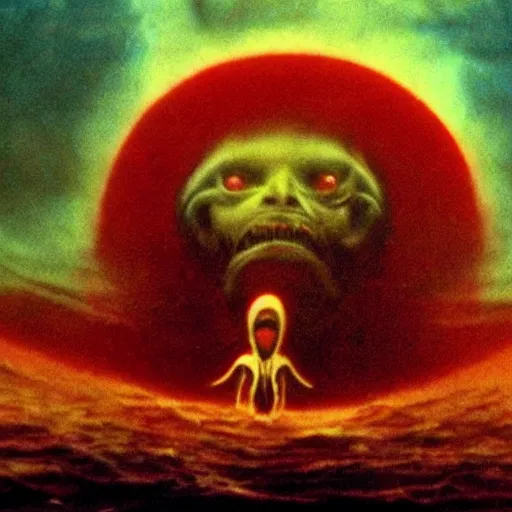 Prompt: the filmic anti - christ rising from a red ocean. ominous. vivid color detailed photograph from a 1 9 9 0 s horror movie. alien squid in the background.