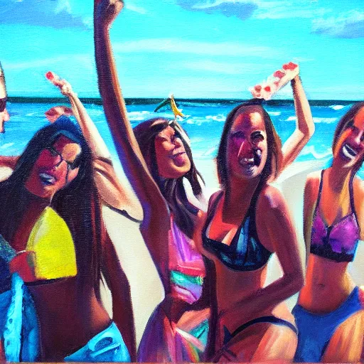 Image similar to “springbreak party, oil painting by mark tennant”